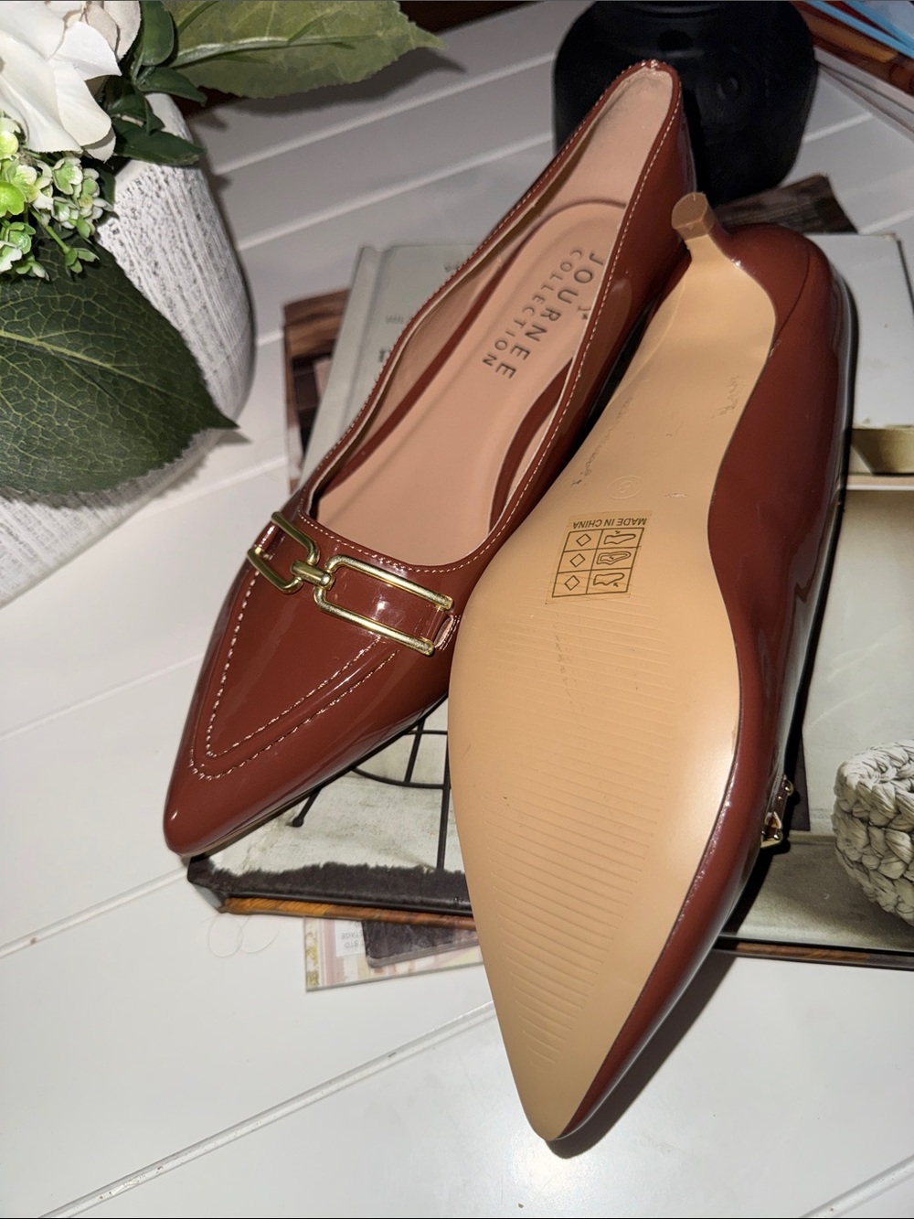 Journee Collection Rust Brown Pointed Toe Kitten Heel Loafer with Gold Buckle - Picture 8 of 8